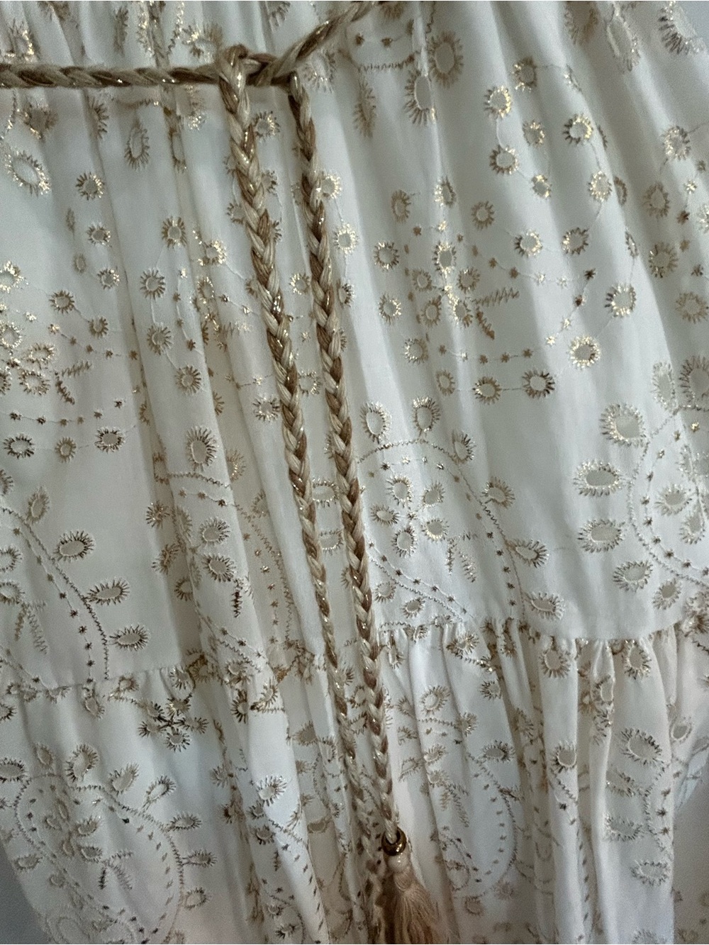 Embroidered Cream Maxi Dress with Tassel Waist - Picture 3 of 5